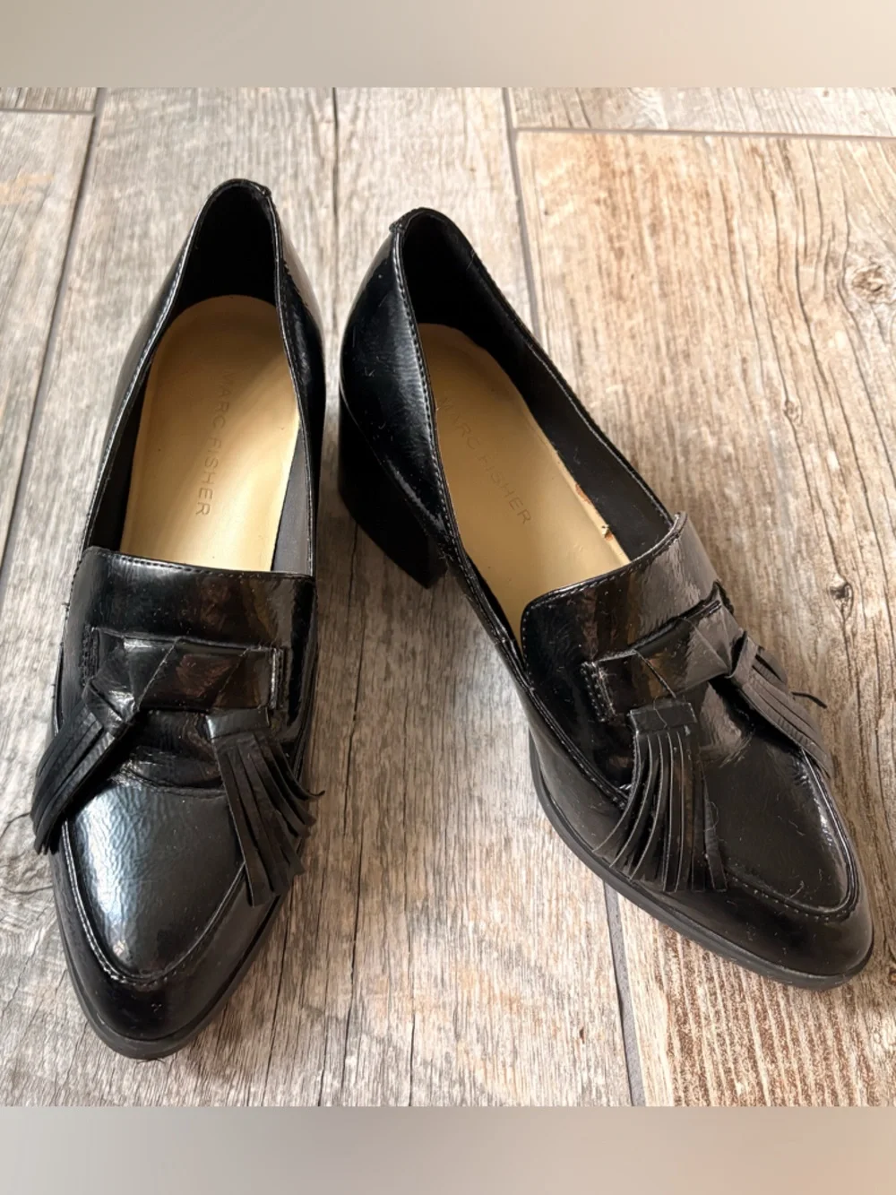 Marc Fisher Black Patent Tassel Loafer Heels for Women